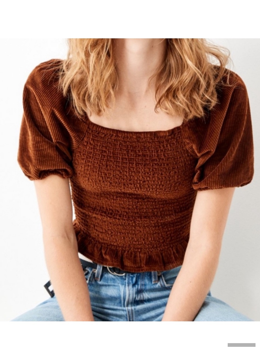 AMERICAN EAGLE Corduroy Smocked Puff Sleeve Crop Top XS Brown Cottagecore Boho